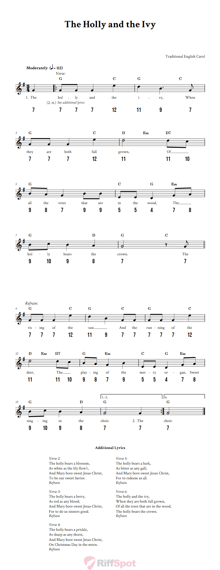 The Holly and the Ivy - Free Stylophone Number Tab and Sheet Music With Chords and Lyrics