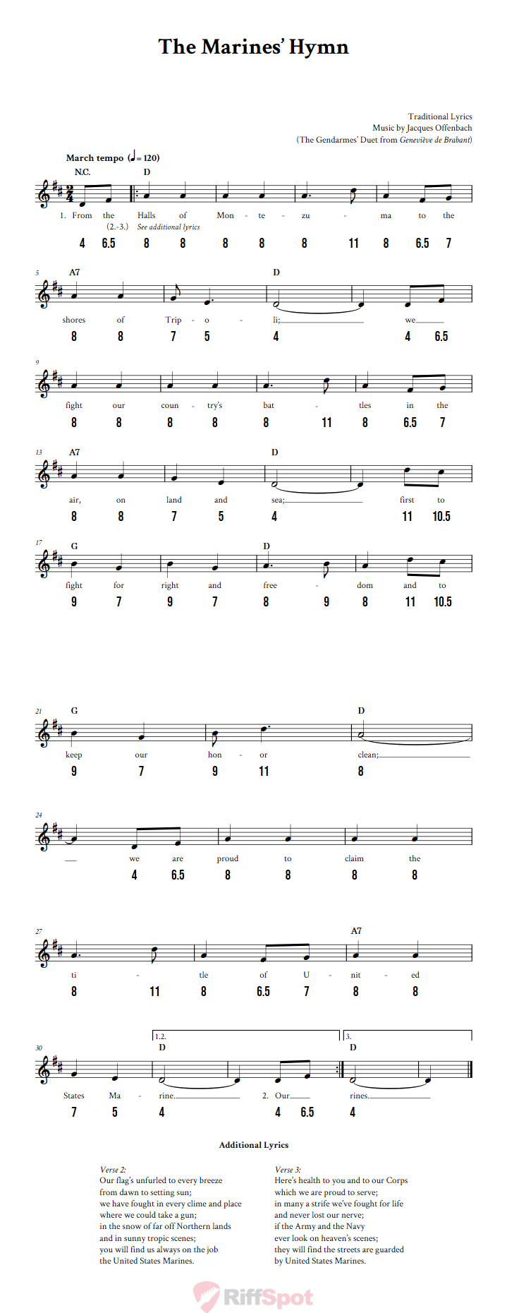The Marines' Hymn - Free Stylophone Number Tab and Sheet Music With Chords and Lyrics