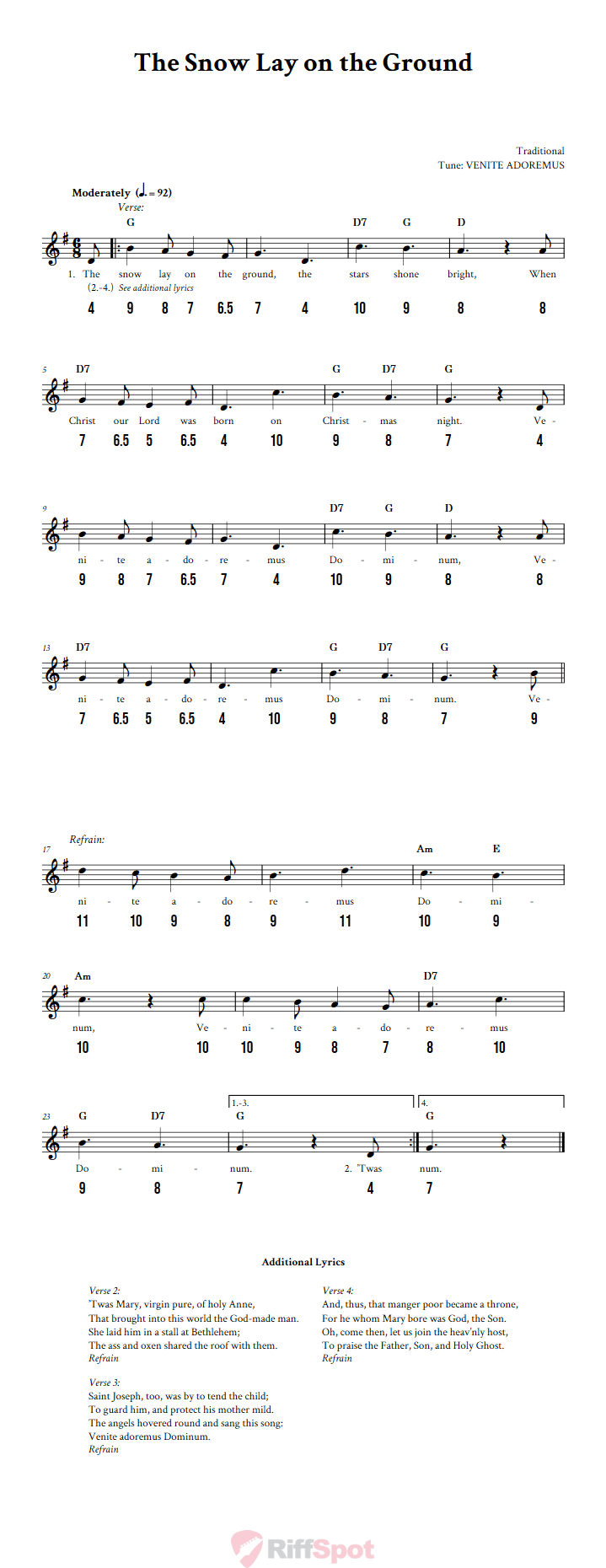 The Snow Lay on the Ground - Free Stylophone Number Tab and Sheet Music With Chords and Lyrics