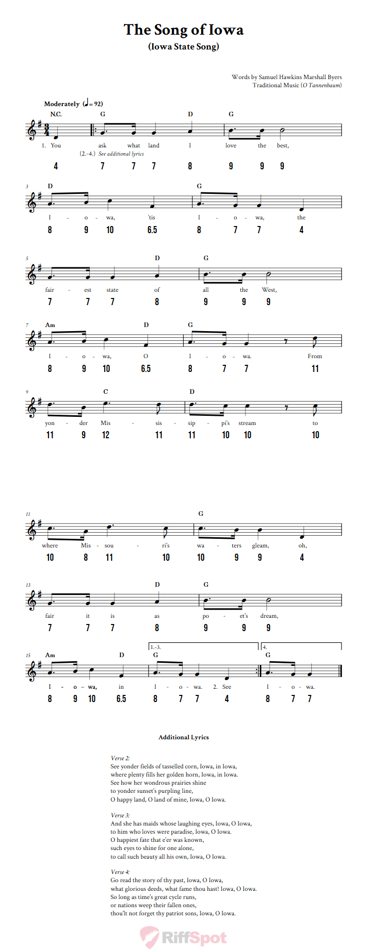 The Song of Iowa - Free Stylophone Number Tab and Sheet Music With Chords and Lyrics