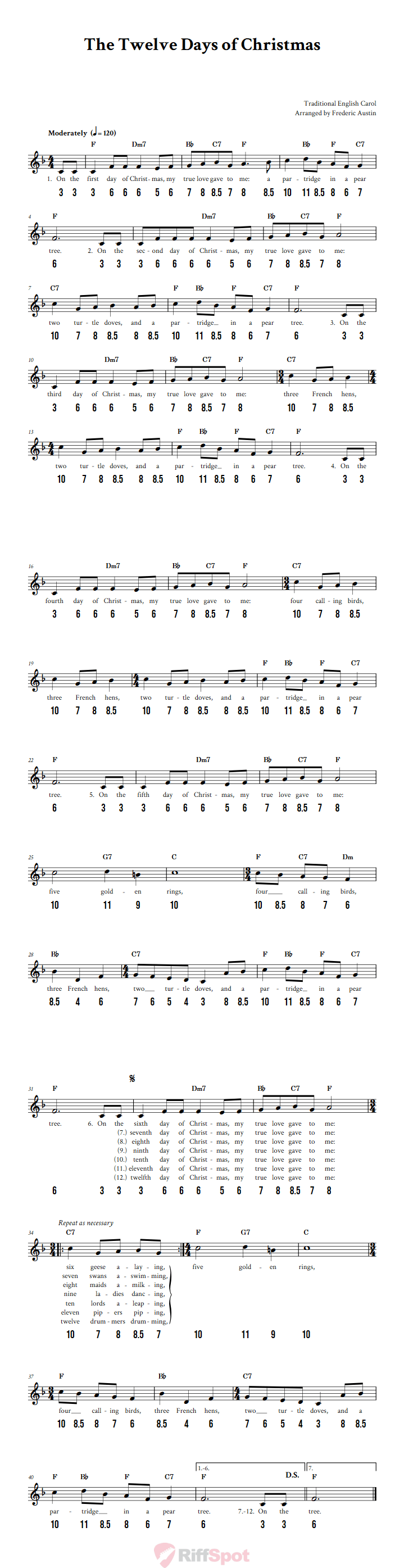 The Twelve Days of Christmas - Free Stylophone Number Tab and Sheet Music With Chords and Lyrics