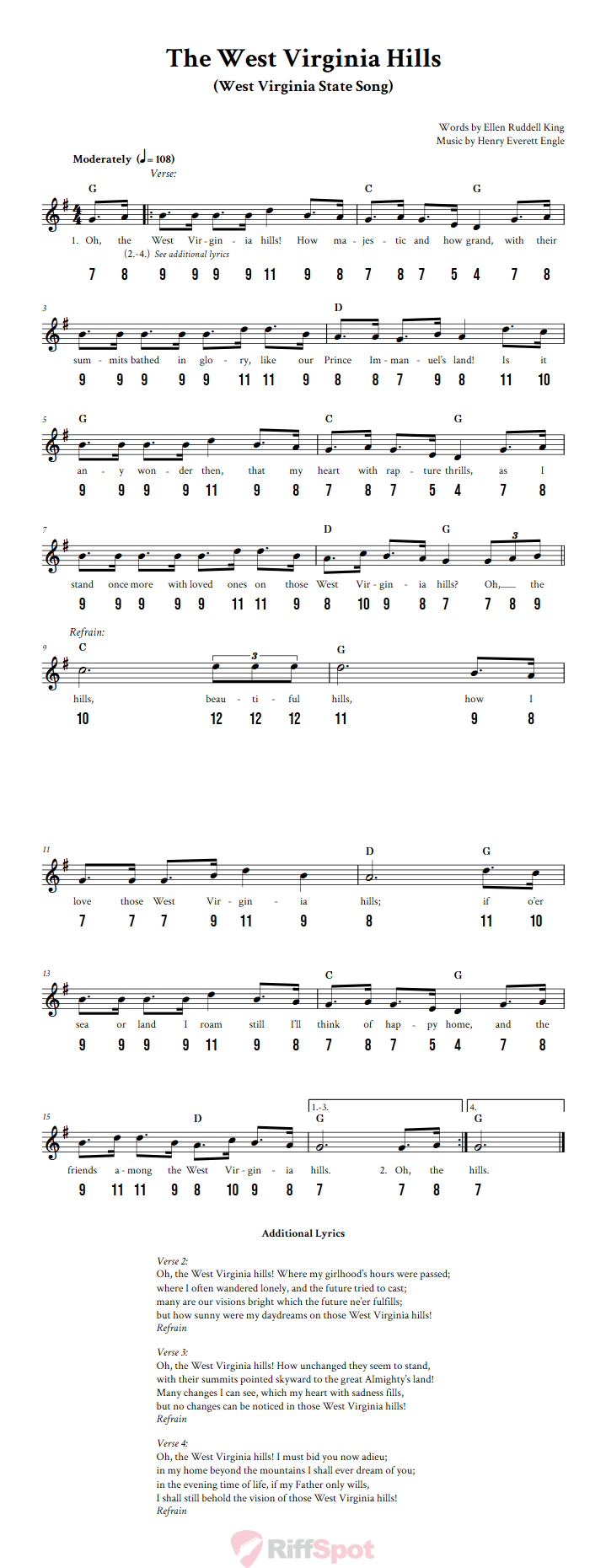 The West Virginia Hills - Free Stylophone Number Tab and Sheet Music With Chords and Lyrics