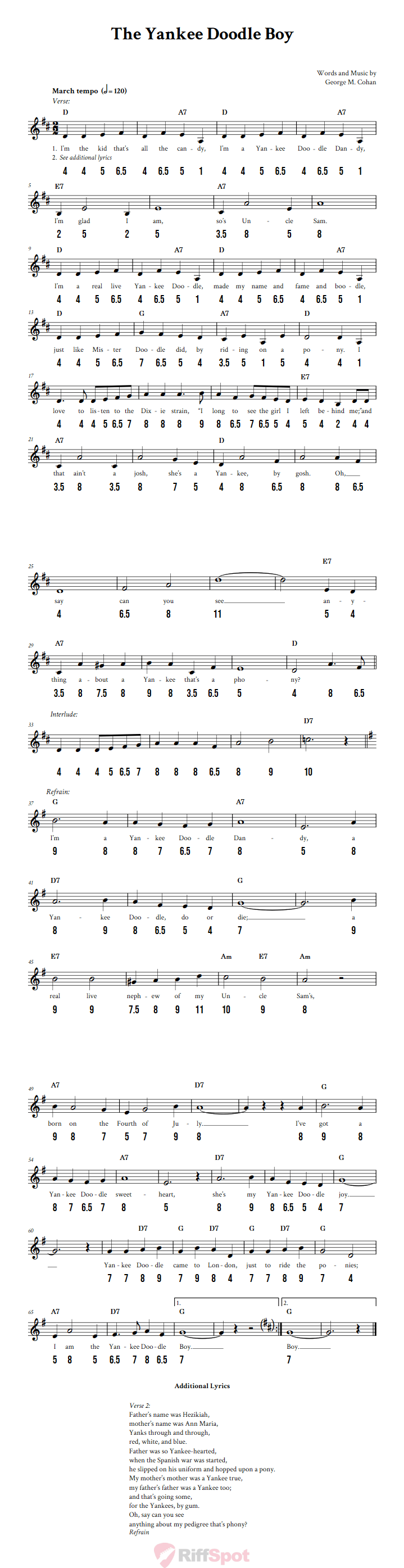 The Yankee Doodle Boy - Free Stylophone Number Tab and Sheet Music With Chords and Lyrics