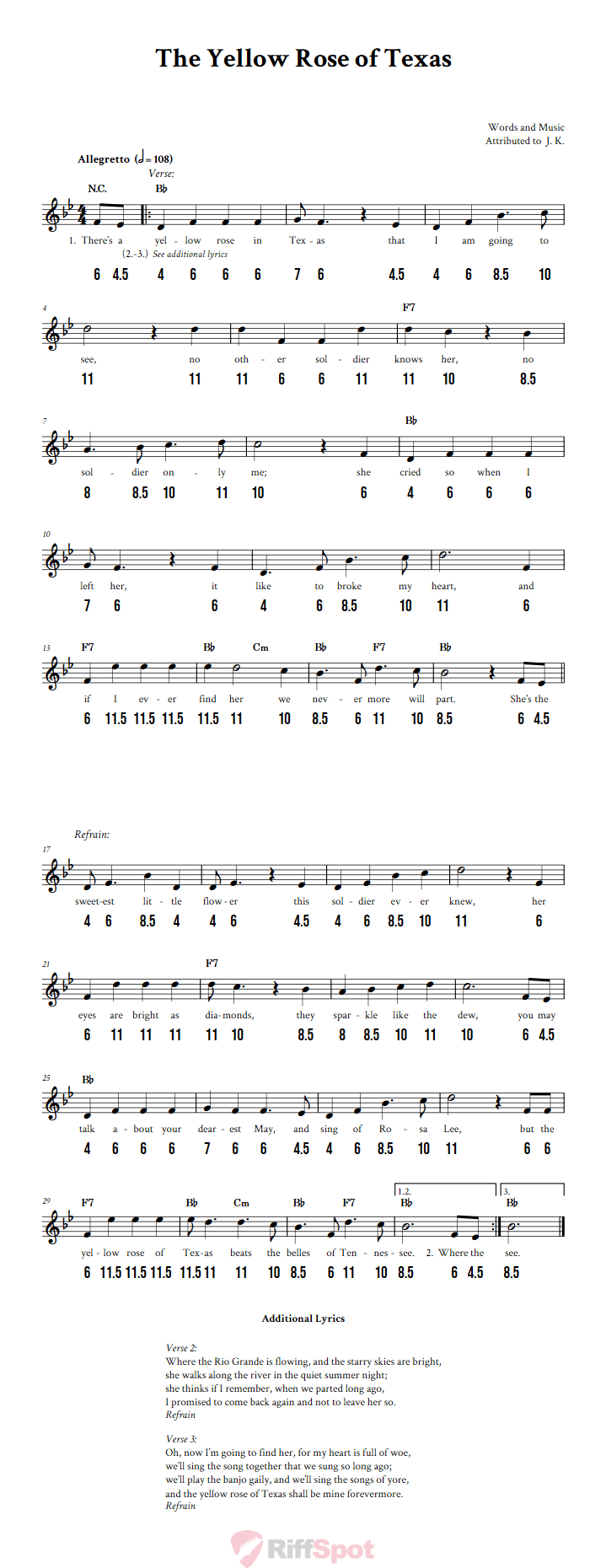 The Yellow Rose of Texas - Free Stylophone Number Tab and Sheet Music With Chords and Lyrics
