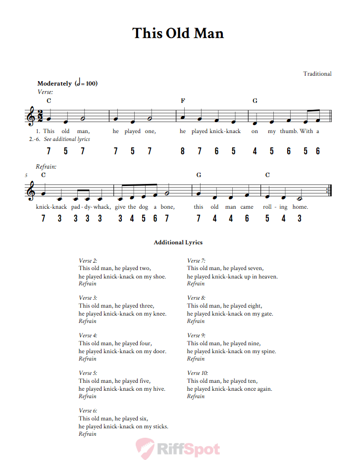 This Old Man - Free Stylophone Number Tab and Sheet Music With Chords and Lyrics