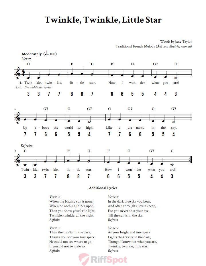 Twinkle, Twinkle, Little Star - Free Stylophone Number Tab and Sheet Music With Chords and Lyrics