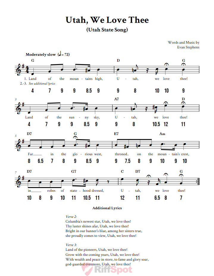 Utah, We Love Thee - Free Stylophone Number Tab and Sheet Music With Chords and Lyrics