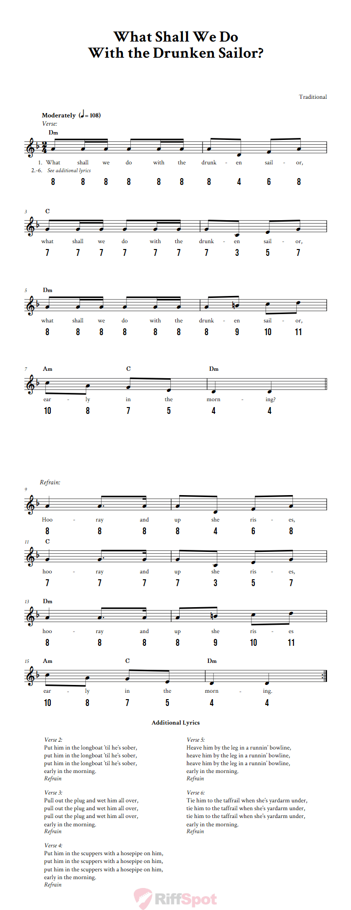 What Shall We Do With the Drunken Sailor? - Free Stylophone Number Tab and Sheet Music With Chords and Lyrics
