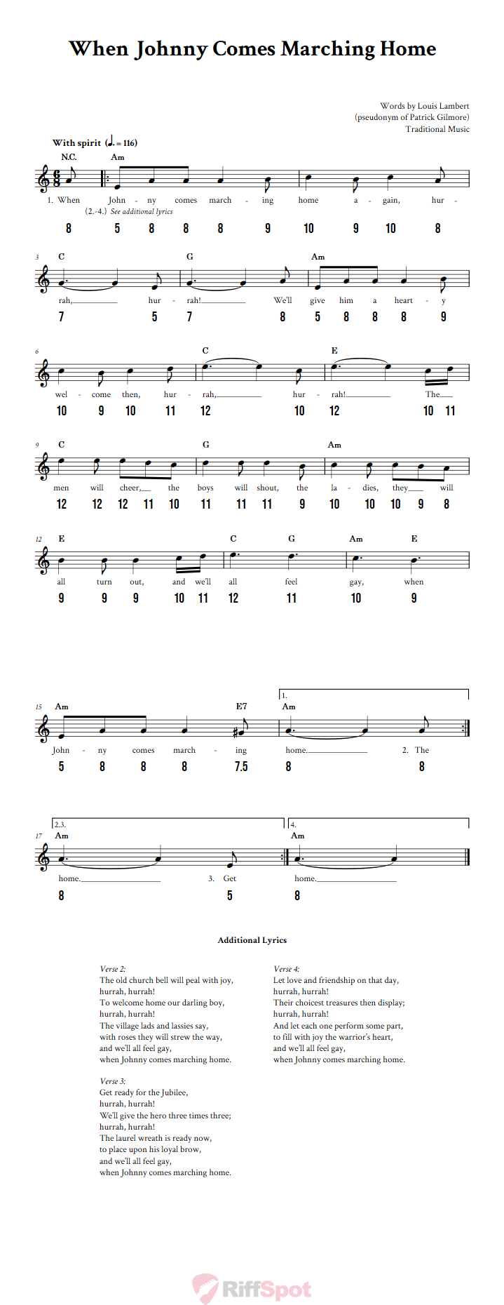 When Johnny Comes Marching Home - Free Stylophone Number Tab and Sheet Music With Chords and Lyrics