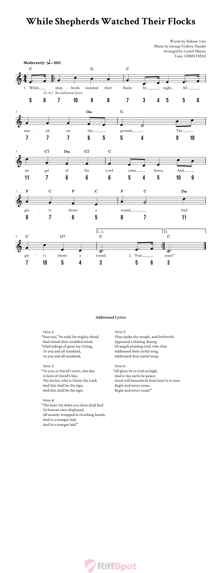 While Shepherds Watched Their Flocks - Free Stylophone Number Tab and Sheet Music With Chords and Lyrics