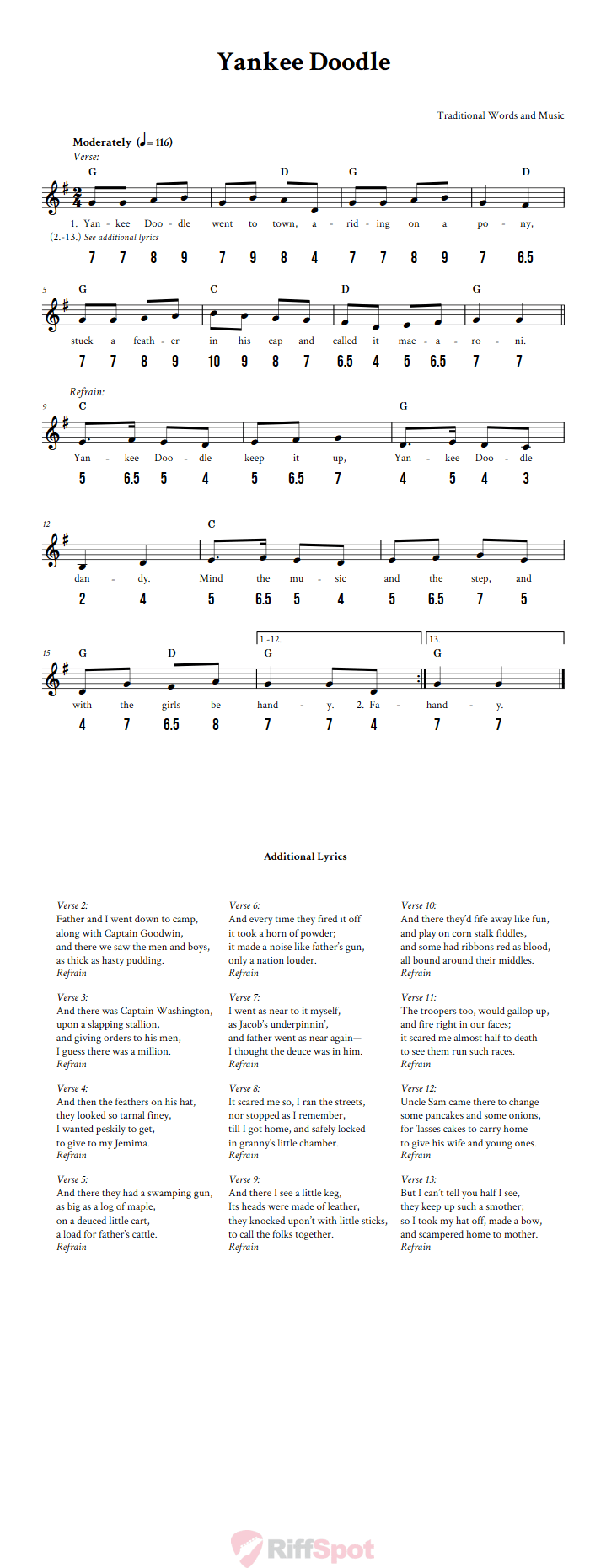 Yankee Doodle - Free Stylophone Number Tab and Sheet Music With Chords and Lyrics