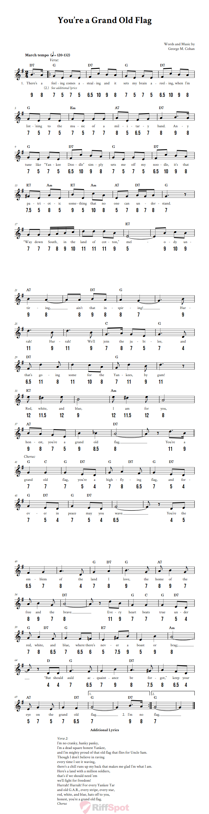You're a Grand Old Flag - Free Stylophone Number Tab and Sheet Music With Chords and Lyrics