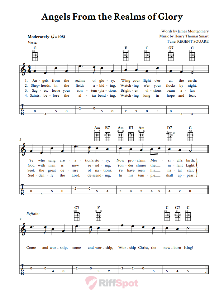 Angels From the Realms of Glory  Tenor Banjo Tab