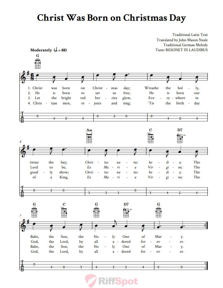 Christ Was Born on Christmas Day  Tenor Banjo Tab