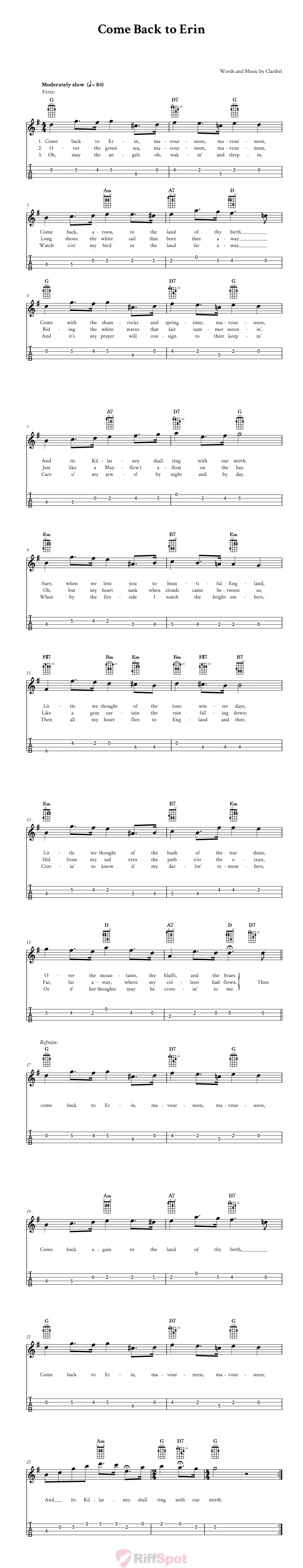 Come Back to Erin Tenor Banjo Tab