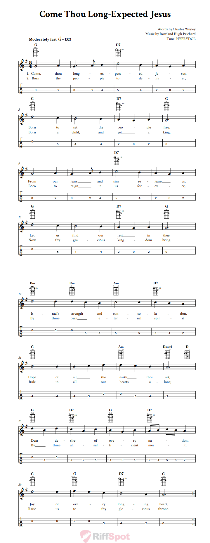 Come Thou Long-Expected Jesus  Tenor Banjo Tab