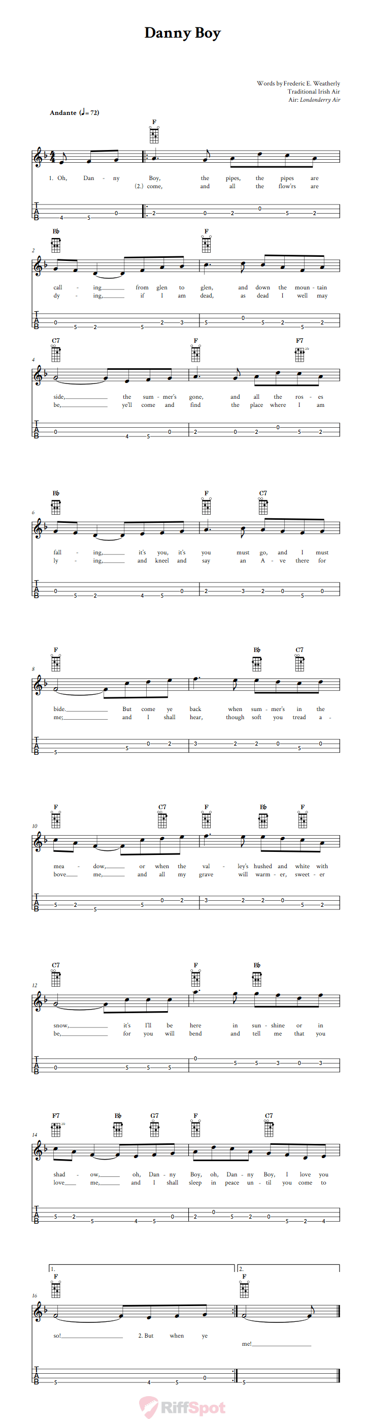 Danny Boy Tenor Banjo Tab