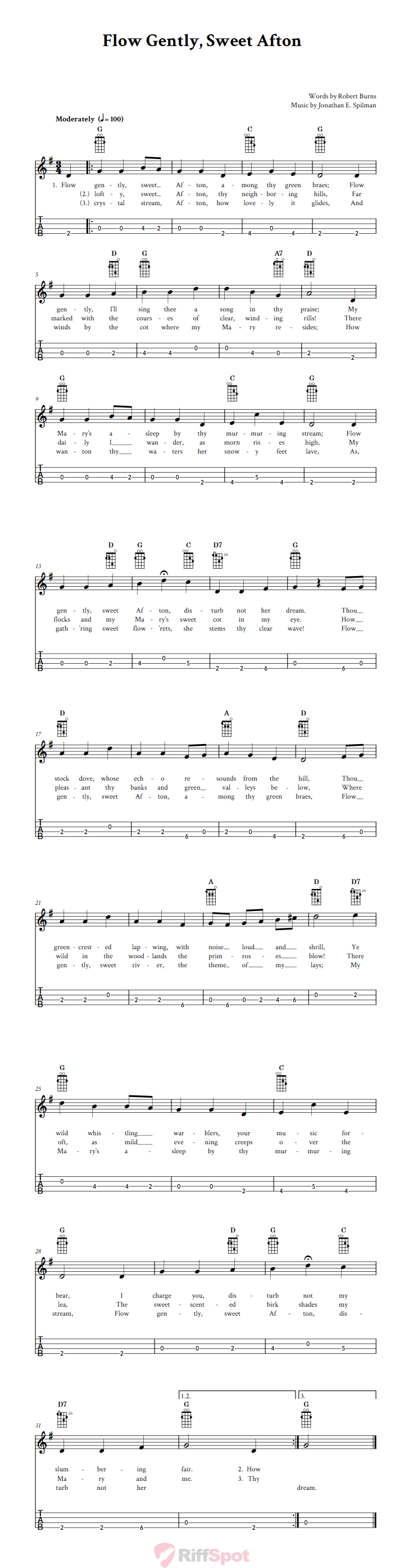 Flow Gently, Sweet Afton Tenor Banjo Tab