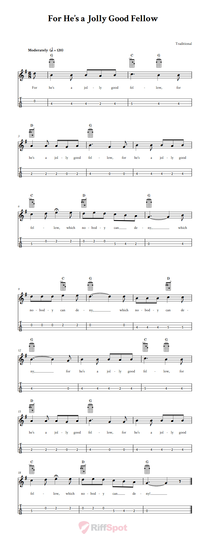 For He's a Jolly Good Fellow Tenor Banjo Tab