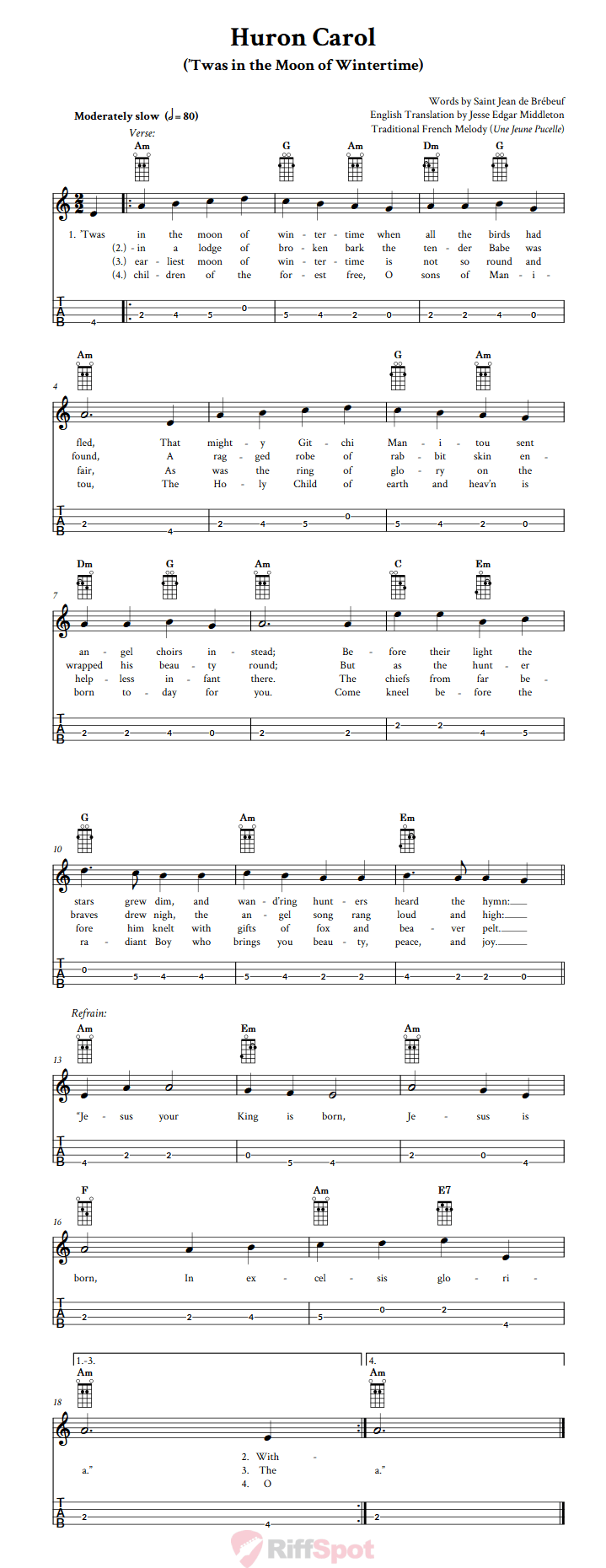Huron Carol  Tenor Banjo Tab