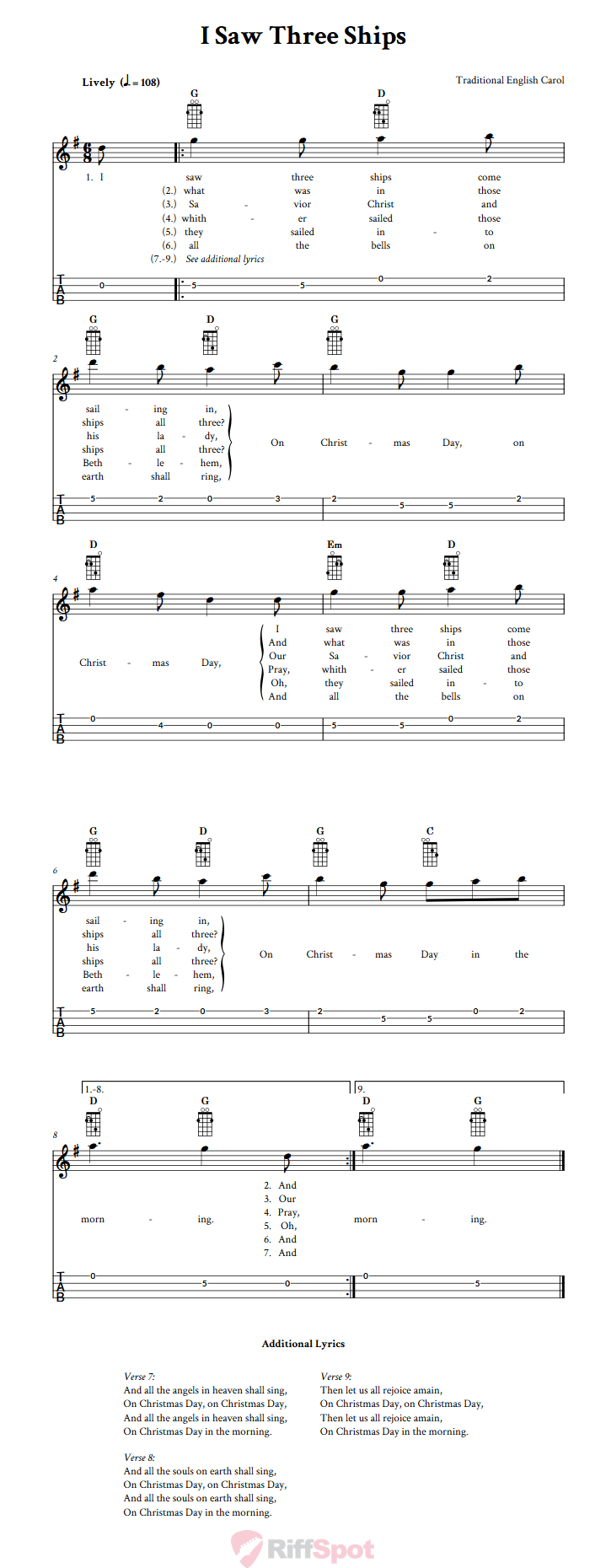 I Saw Three Ships  Tenor Banjo Tab