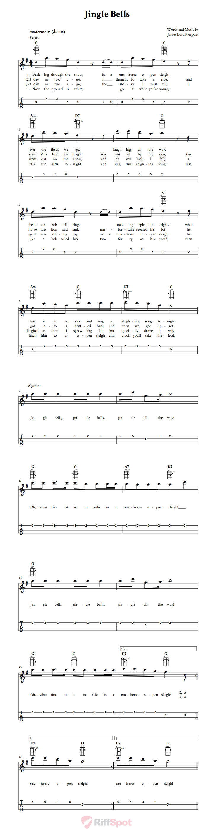 Jingle Bells  Tenor Banjo Tab