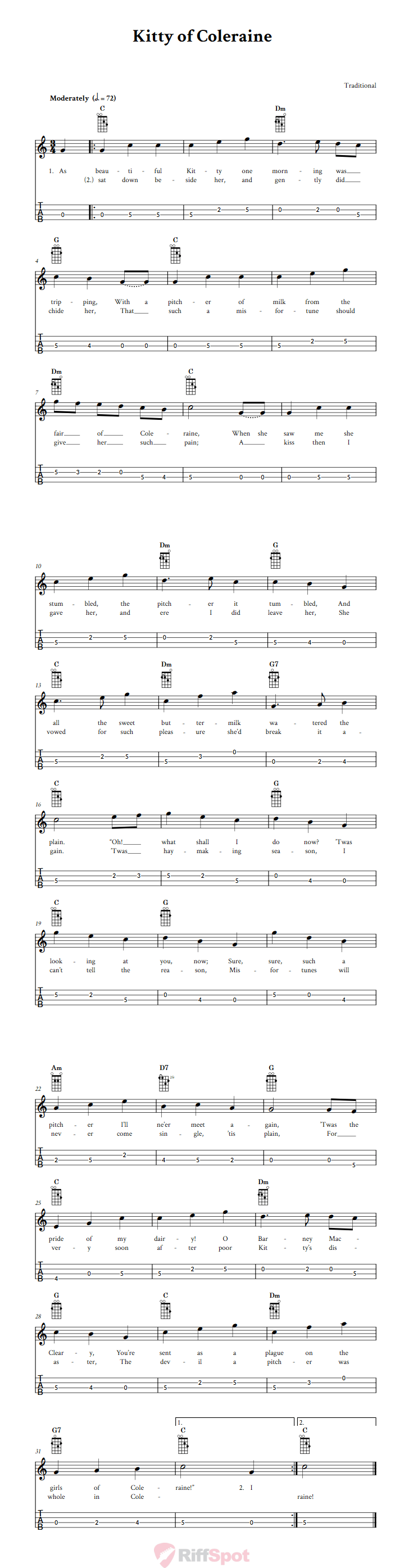 Kitty of Coleraine Tenor Banjo Tab