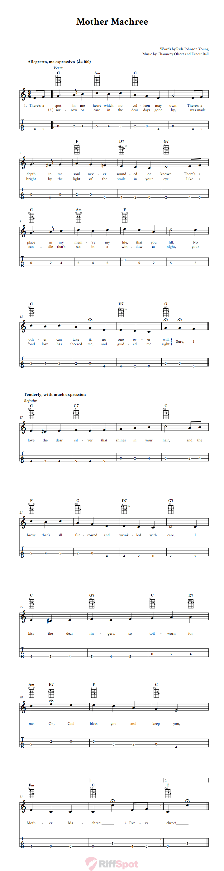 Mother Machree Tenor Banjo Tab