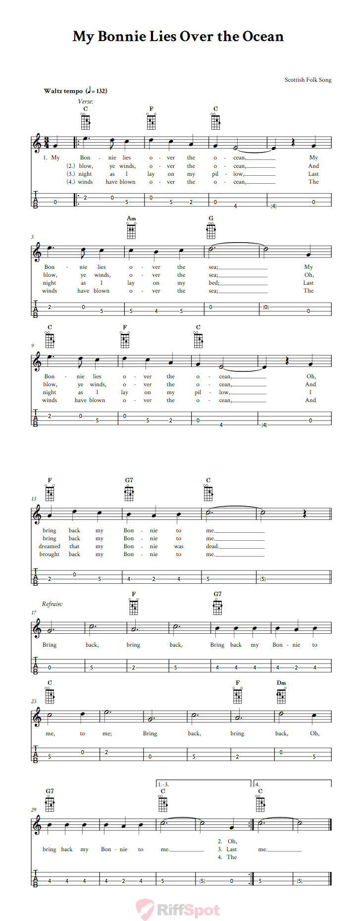My Bonnie Lies Over the Ocean Tenor Banjo Tab