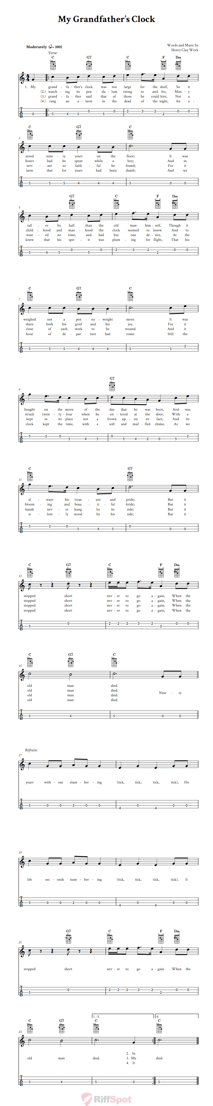 My Grandfather's Clock Tenor Banjo Tab