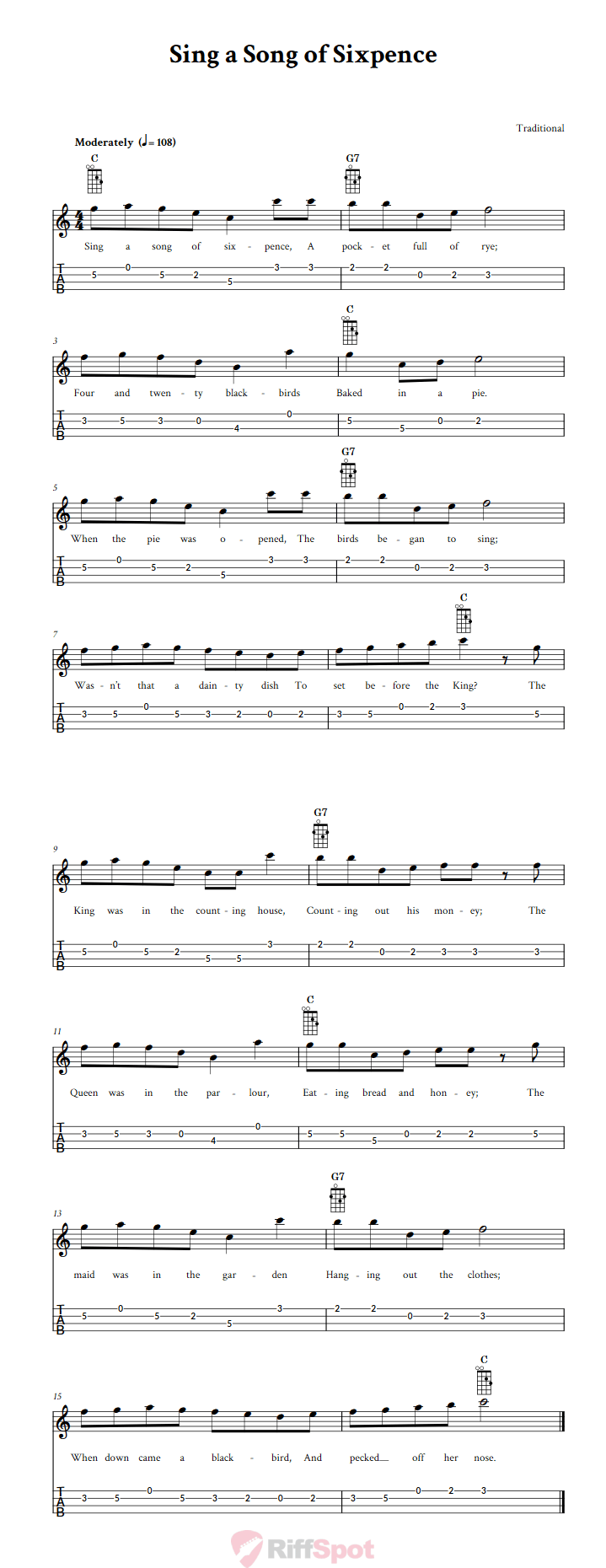 Sing a Song of Sixpence Tenor Banjo Tab