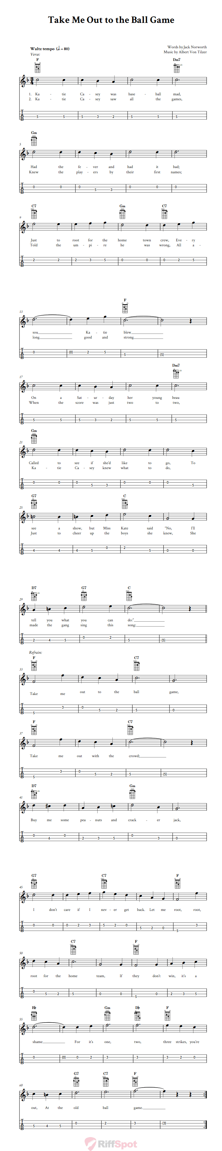 Take Me Out to the Ball Game Tenor Banjo Tab