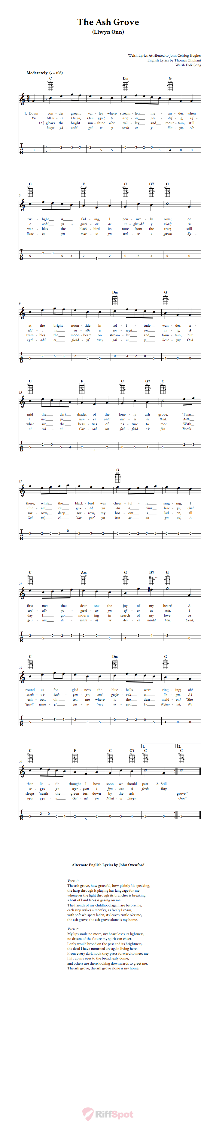 The Ash Grove  Tenor Banjo Tab