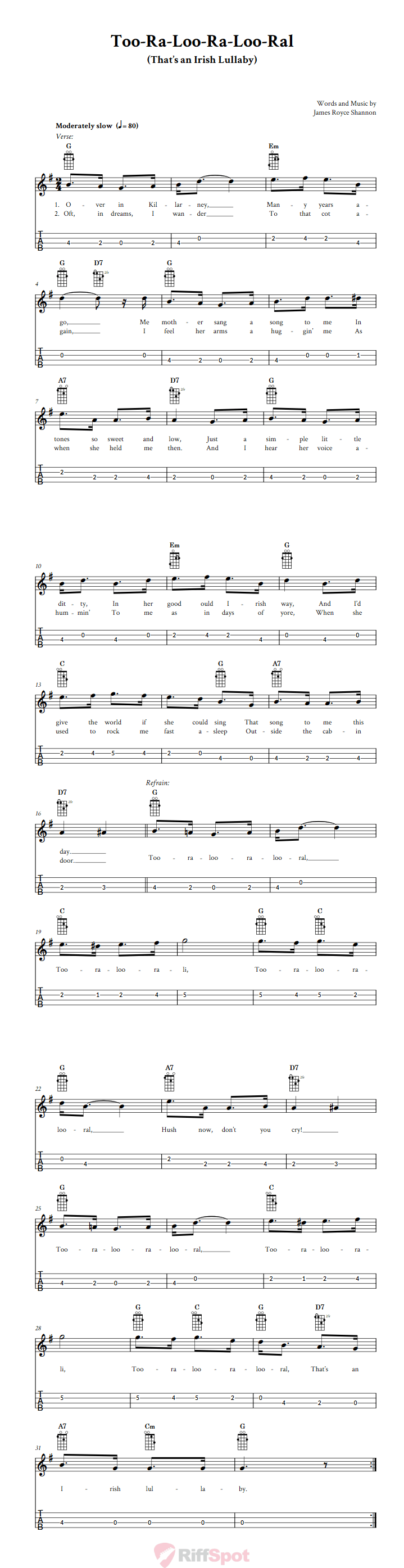Too-Ra-Loo-Ra-Loo-Ral (That's an Irish Lullaby) Tenor Banjo Tab