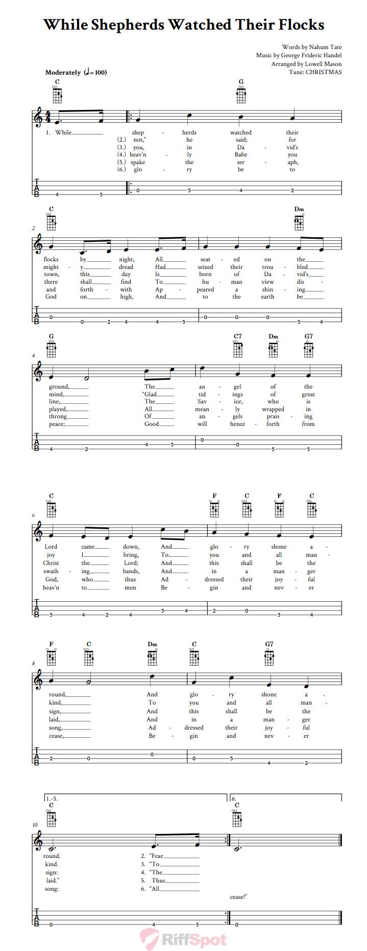 While Shepherds Watched Their Flocks  Tenor Banjo Tab