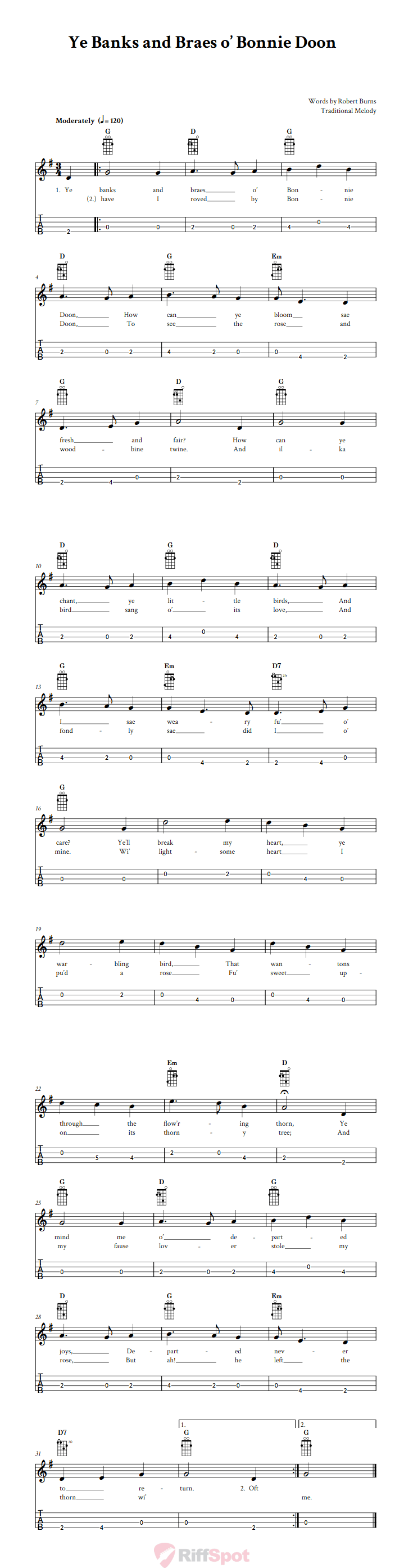Ye Banks And Braes o' Bonnie Doon Tenor Banjo Tab