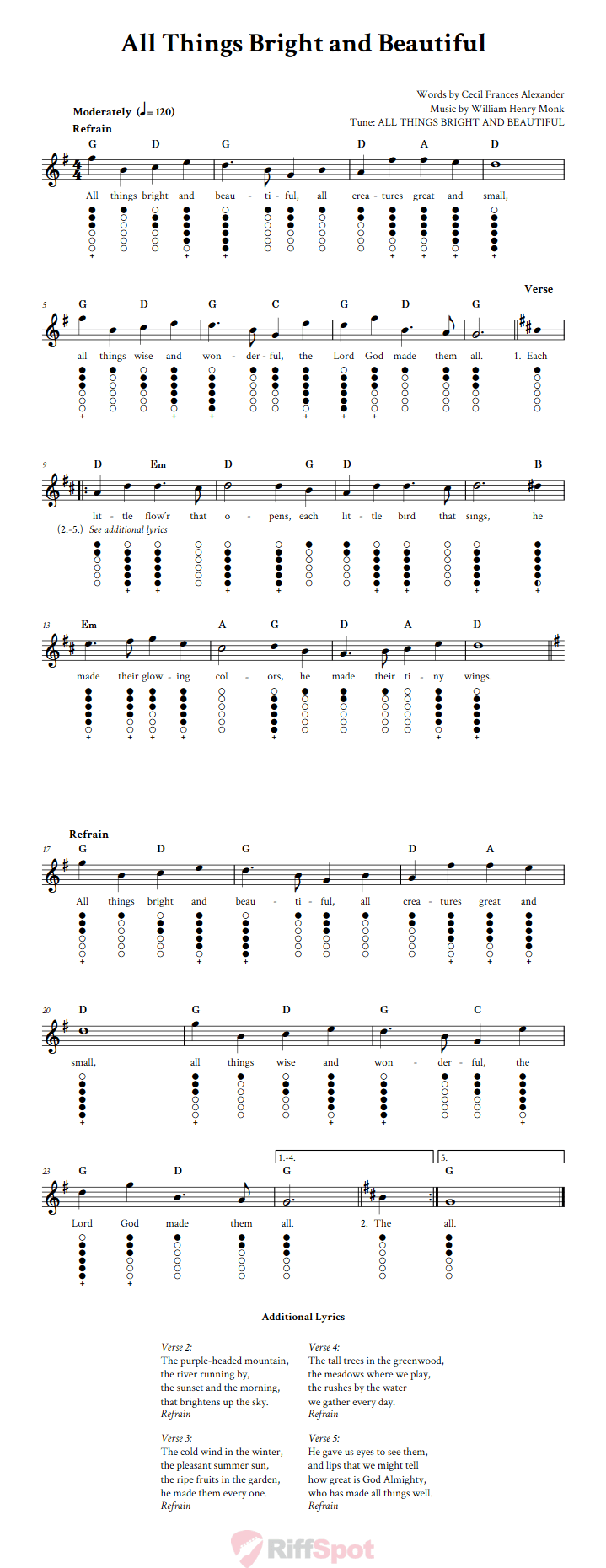 All Things Bright and Beautiful Tin Whistle Tab