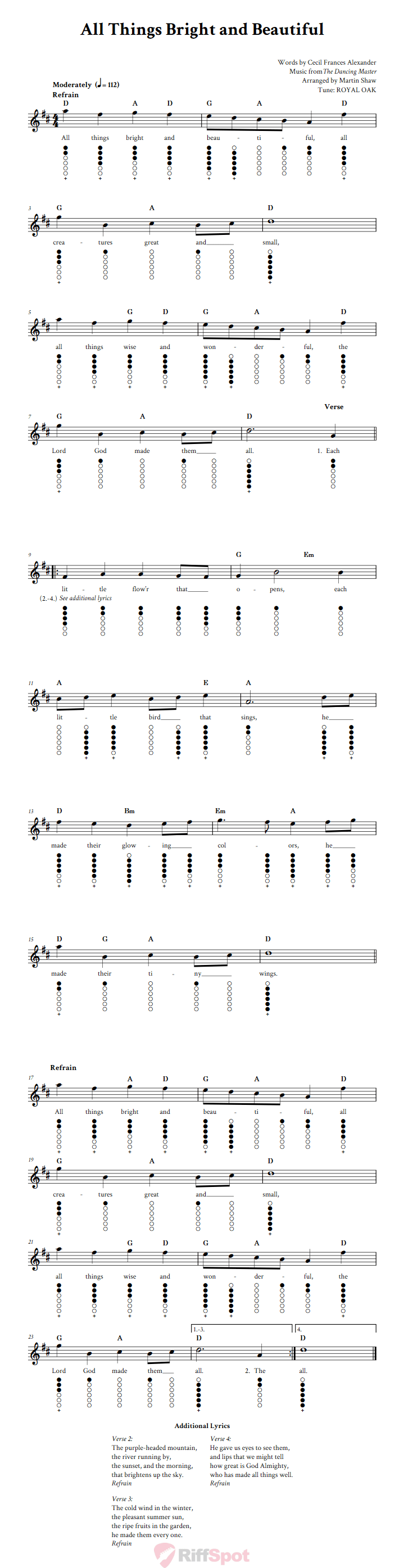 All Things Bright and Beautiful Tin Whistle Tab