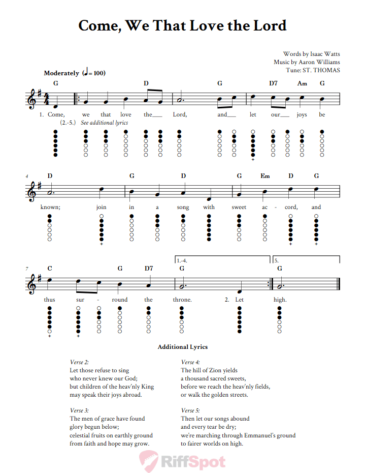 Come, We That Love the Lord Tin Whistle Tab