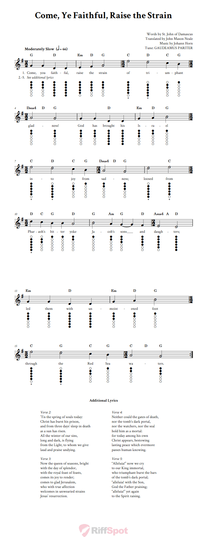 Come, Ye Faithful, Raise the Strain Tin Whistle Tab