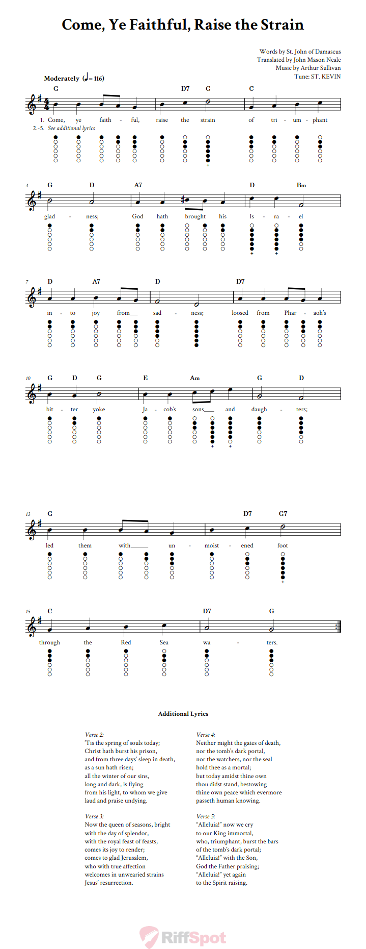 Come, Ye Faithful, Raise the Strain Tin Whistle Tab