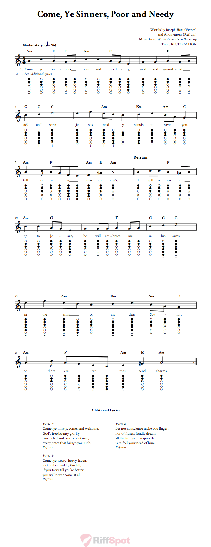 Come, Ye Sinners, Poor and Needy Tin Whistle Tab