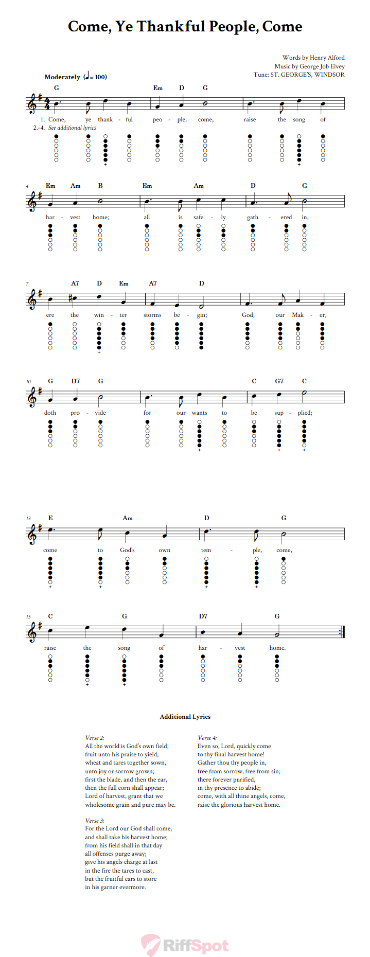 Come, Ye Thankful People, Come Tin Whistle Tab