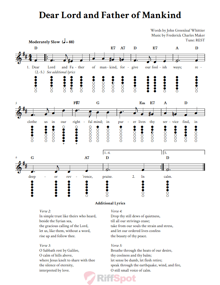 Dear Lord and Father of Mankind Tin Whistle Tab