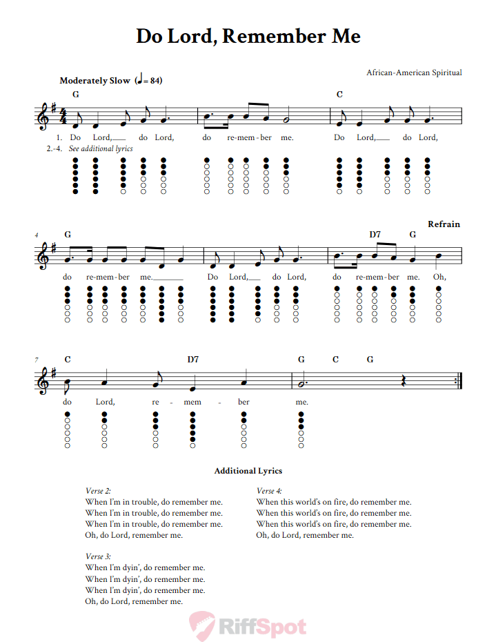 Do Lord, Remember Me Tin Whistle Tab