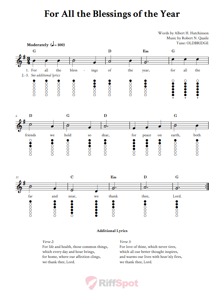 For All the Blessings of the Year Tin Whistle Tab