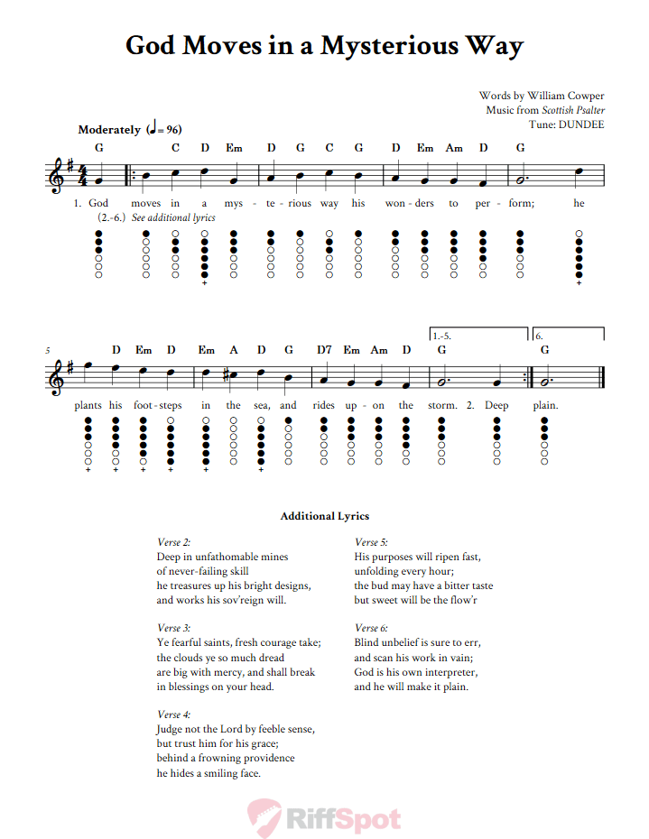 God Moves in a Mysterious Way Tin Whistle Tab