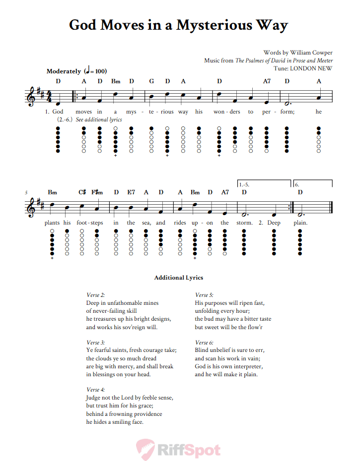 God Moves in a Mysterious Way Tin Whistle Tab