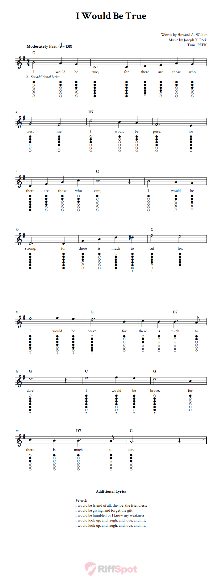 I Would Be True Tin Whistle Tab