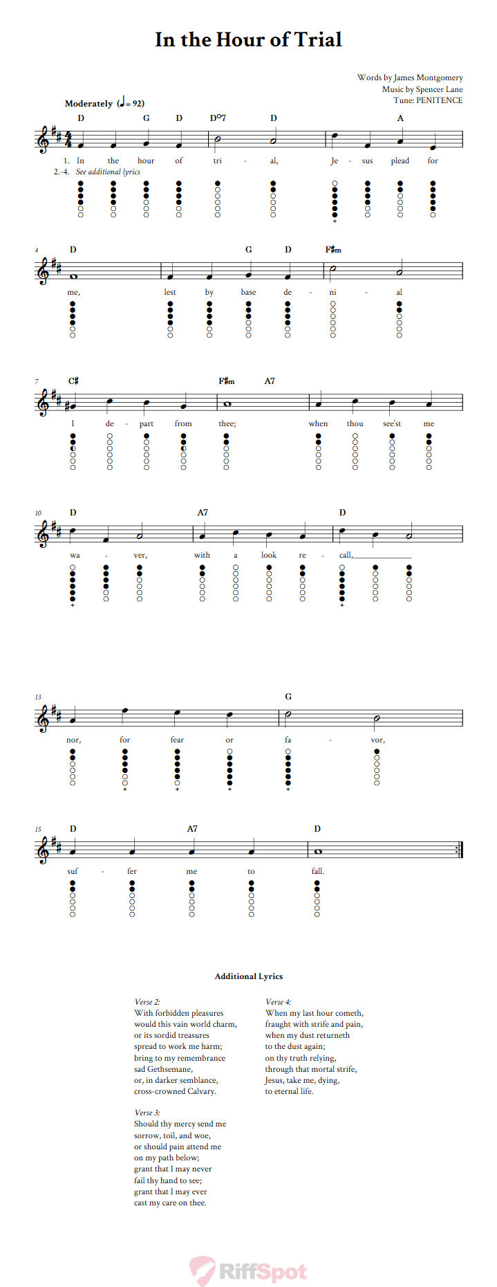 In the Hour of Trial Tin Whistle Tab